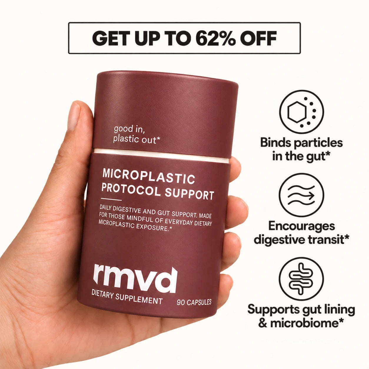A hand holding the rmvd tube under a discount banner, beside three claim icons: binds particles in the gut, encourages digestive transit, supports gut lining and microbiome