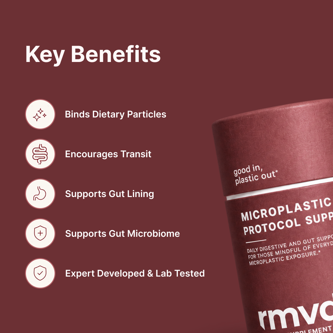Key benefits panel: binds dietary particles, encourages transit, supports the gut lining and gut microbiome, expert developed and lab tested, beside the rmvd tube