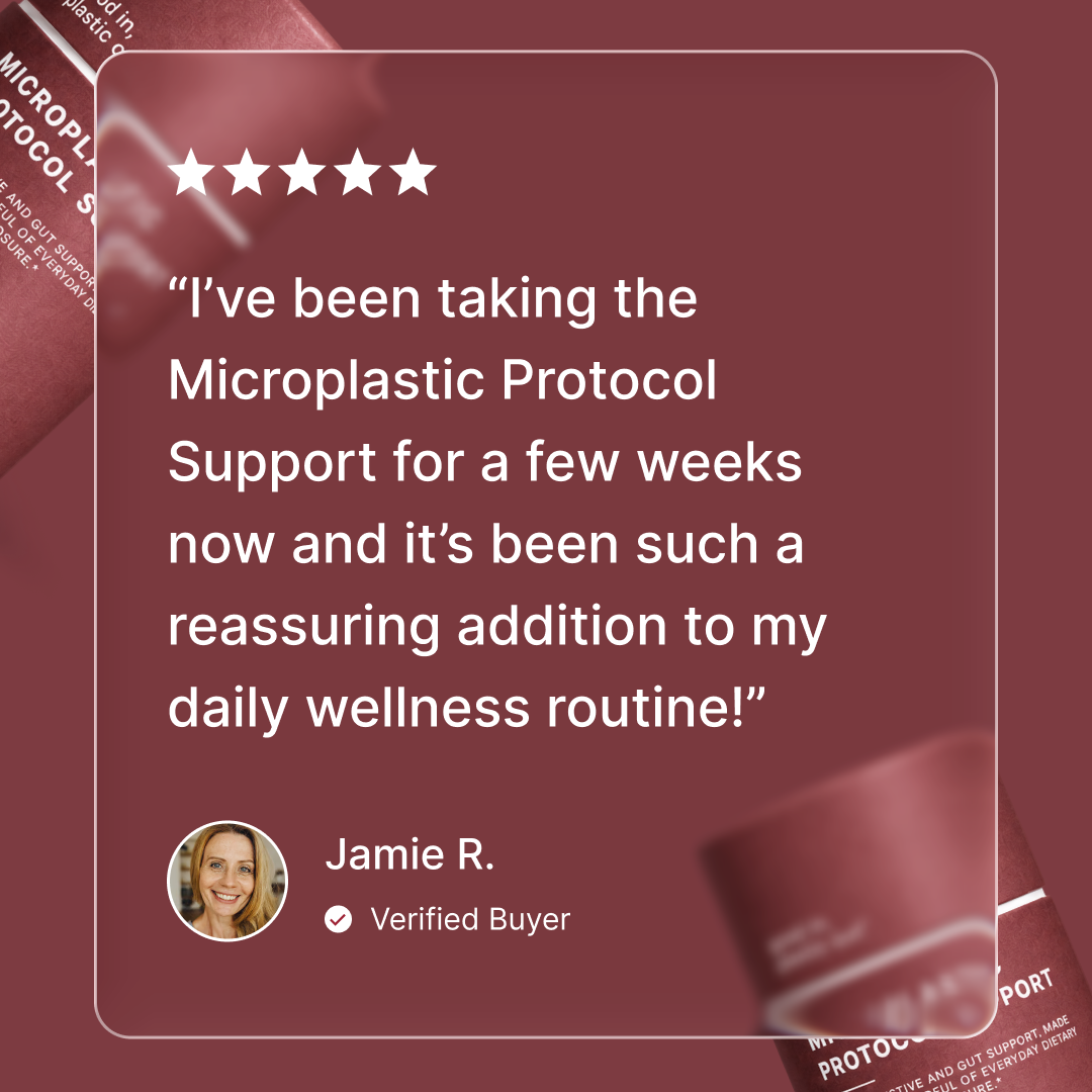 Five-star customer review card from a verified buyer, over a softly blurred row of rmvd tubes