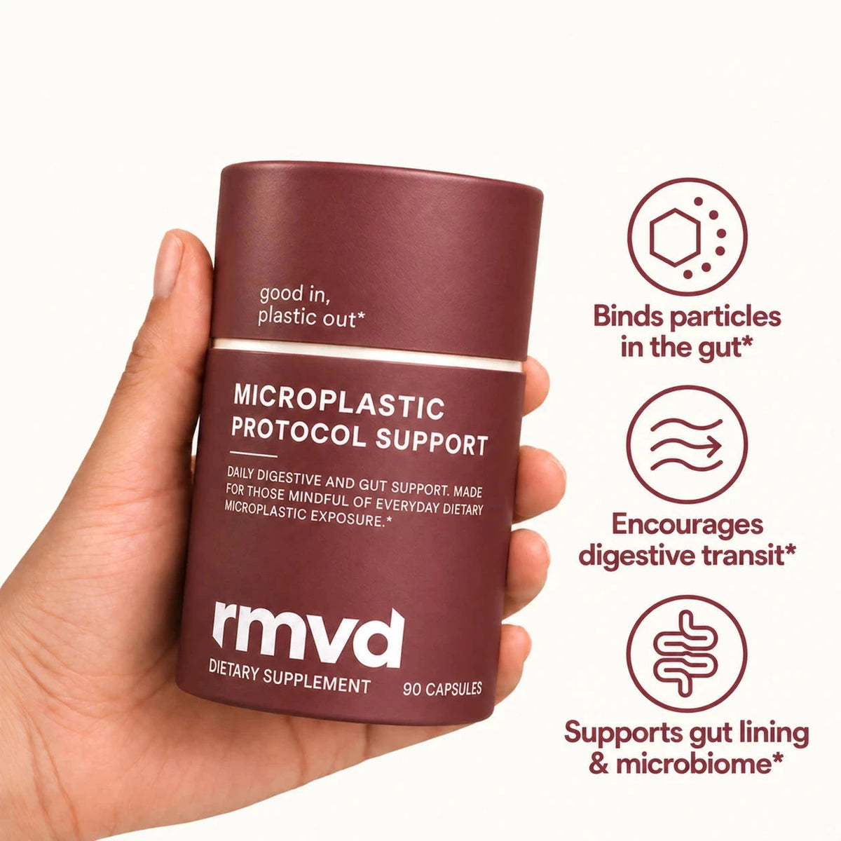 A hand holding the rmvd tube beside three claim icons: binds particles in the gut, encourages digestive transit, supports gut lining and microbiome