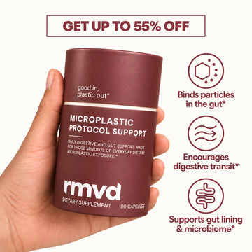 A hand holding the rmvd tube under a discount banner, beside three claim icons: binds particles in the gut, encourages digestive transit, supports gut lining and microbiome